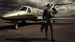 © PaulShlykov - Smiling businessman with private plane on background. Business jet exterior. Generative AI