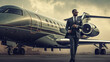 © PaulShlykov - Smiling businessman with private plane on background. Business jet exterior. Generative AI