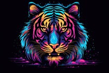 Wild And Neon: Striking Animal Tiger Illustration With Psychic Wave Accent: Generative AI