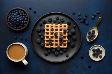 Wall Mural - waffles with blueberries on a dish in a flat lay. generative ai