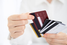 Woman Choose One Credit Card From Many, Concept Of Credit Card Debt,