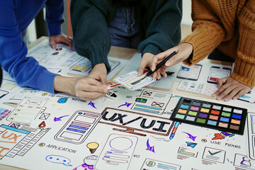 Team of Creative Web, Graphic Designer planning for mobile phone, drawing website ux ui app for mobile phone application and development template layout, process to developing prototype wireframe.