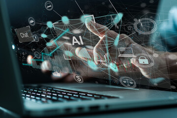 Businessman using chatbot in smartphone intelligence Ai.Chat GPT Chat with AI Artificial Intelligence, developed by OpenAI generate. Futuristic technology, robot in online system.