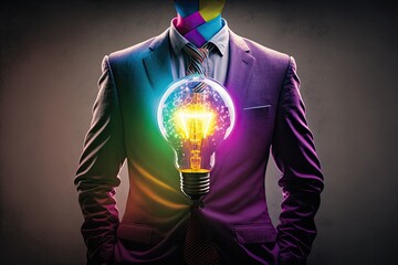 Sticker - Businessman in suit with glowing light bulb instead of head concept on background