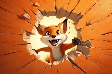 Wall Mural - Cute Cartoon Fox Breaking Through a Wall