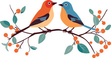 Two Birds Sitting On The Tree Illustration For Wall Art And Decoration