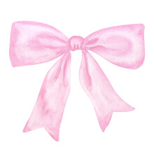 Decorative Pink Bow With Long Ribbon. Accessory Little Girl. Hand Drawn Watercolor Illustration Isolated On White Background. For Gender Reveal Party, Baby Shower, Children's Design