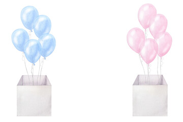 Wall Mural - Blue pink balloons in box twins boy girl birthday surprise. Hand drawn watercolor illustration isolated on white background. For gender reveal party, baby shower, children's design, newborn products