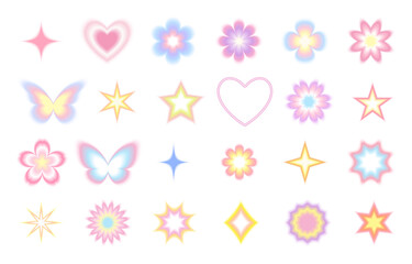 Set of abstract blur gradient shape in pastel color. Aesthetic blurry star, flower, butterfly, heart in trendy retro y2k style.