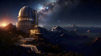 Wall Mural - a bustling observatory atop a mountain peak, with astronomers peering through powerful telescopes at