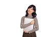 Beautiful young Asian woman on sweater clothing holding laptop pc computer and looking at camera with smile face, isolated on white background - PNG format