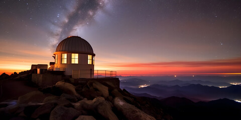 Wall Mural - a bustling observatory atop a mountain peak, with astronomers peering through powerful telescopes at