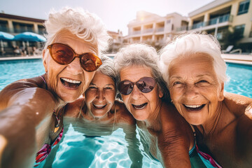 A group of modern senior women on vacation at the pool taking a selfie. Enjoying retirement and summer in group of friends