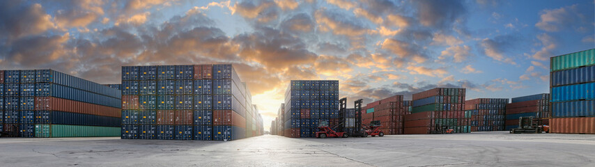 Wall Mural - Stack of containers in a harbor. Shipping containers stacked on cargo ship. Background of Stack of Containers at a Port.