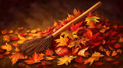 Raking leaves autumn fall garden housework. Generative Ai