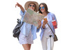 Holidays and tourism concept - beautiful girls looking for direction on a transparent background