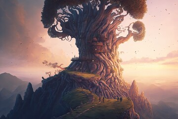 Wall Mural - Surreal giant tree on top of a hill detailed path up the hill. Generative AI AIG15.