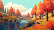 An illustration of a low poly graphic landscape featuring grass and trees in autumn