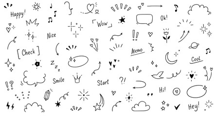 Aufkleber - Doodle cute star, sparkle pen line elements. Doodle heart, emphasis, star, sparkle decoration symbol set icon. Simple sketch line style emphasis, glitter, pattern elements. Vector illustration.