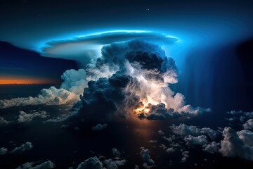  Aerial view of a stormy night sky over the sea. Severe thunderstorm, cumulonimbus clouds and lightning. Colorful dramatic majestic landscape with sea horizon. Dark blue sky with amazing Generative AI