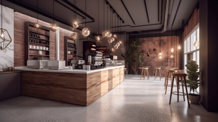 Interior of a modern loft style coffee house. Decorated walls, wooden bar counter and bar stools, pendant lights and green plants, huge windows. Modern hipster lifestyle concept. Generative AI