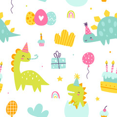 Wall Mural - Cute dino birthday pattern. Seamless colorful vector print with abstract dinosaurs party for wrapping paper.