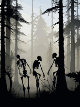Halloween Background Concept Forest Volumetric Fog With Many Dead Trees. A Horror Concept. Of Three Spooky Skeletons Appearing Out Of The Mist In A Forest. Vector Illustration,