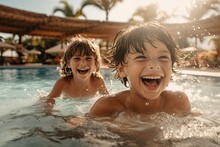 Two European Kids Have Fun In The Pool Generative Ai