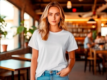 Hipster Girl Wearing Blank White T-shirt And Jeans Posing Against The Backdrop Of A Cafe, Minimalist Urban Clothing Style, Mockup For Tshirt Print Store