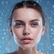 Portrait of young beautiful woman with water drops on her face. Blue background. Close-up female face with water drops falling. Face care, Facial treatment, Cosmetology, beauty and spa, AI generated