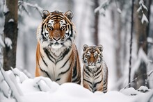 Two Tigers Walking In Unison In Snowy Forest - AI Generative
