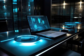 Wall Mural - a close up of a sleek laptop with a futuristic display or a high tech conference room setup. generat
