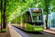 © Mustafa - Low - angle shot of a modern electric tram passing by, showcasing the eco - friendly nature of public transportation. Generative AI