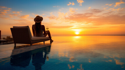 Woman watching the sunset with a cocktail in an infinity pool, showcasing luxury lifestyle, vacation, resort, wealth, and opulence sunrise.