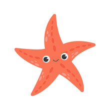 Cute Smiling Red Starfish Isolated On White Background. Happy Underwater Animal With Eyes And Mouth. Childish Character. Colored Flat Cartoon Vector Illustration. Cute Cartoon Undersea World.