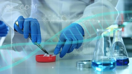 Poster - Animation of data processing, dna structure on mid section of female scientist working at laboratory