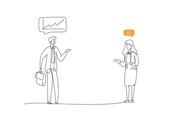 Two business people talking and discussing with speech bubbles. Linear vector illustration.