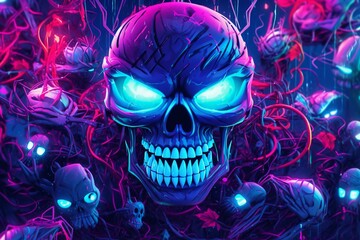 Colorful Halloween background, evil blue purple neon skull illustration. Generative AI