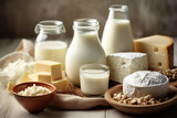 Generative AI - Different milk products in rustic style: cheese, milk, yogurt, cream, butter