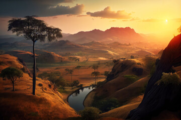 Wall Mural - Cameroon landscape with river and hills at sunset. Generative AI Art. Beautiful view.