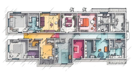 Wall Mural - Line drawing apartment floor plan on a white background. Generative Ai