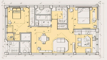 Wall Mural - Furniture outline Top view, Set of line art elements for interior design of house. Generative Ai