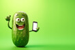 funny cucumber or pickle holds a smartphone on green background. Generative AI