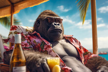 Gorilla Character Sunbathing With Cold Drink In Summer Vacation, Generative AI