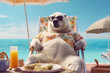 polar bear character with fresh cold drink sunbathing on deckchair in tropical summer vacation, Generative AI