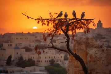 Wall Mural - birds on the tree in Jerusalem. AI generative