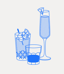 Mimosa, Bloody Mary, and a short drink. Line art, retro. Vector illustration for bars, cafes, and restaurants.