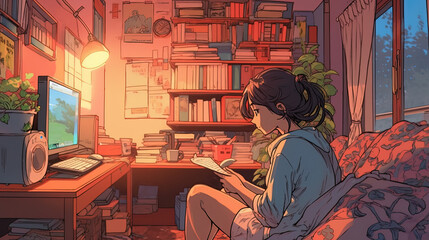 Anime-manga illustration of a young girl in her bedroom reading and listening to music. Generative AI.