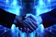 © LayerAce.com - Business handshake closeup over blue out of focus background and volumetric lights rays Generative AI