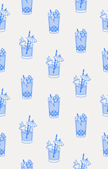 Wall Mural - Seamless pattern of Mai Tai and Bloody Mary cocktails. Line art, retro. Vector illustration for bars, cafes, and restaurants.